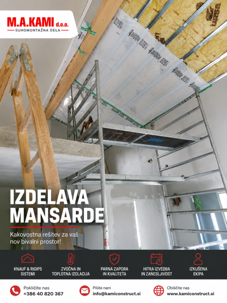 Izdelava mansarde z vgrajeno izolacijo, parno zaporo in kovinsko podkonstrukcijo za Knauf oziroma Rigips plošče.